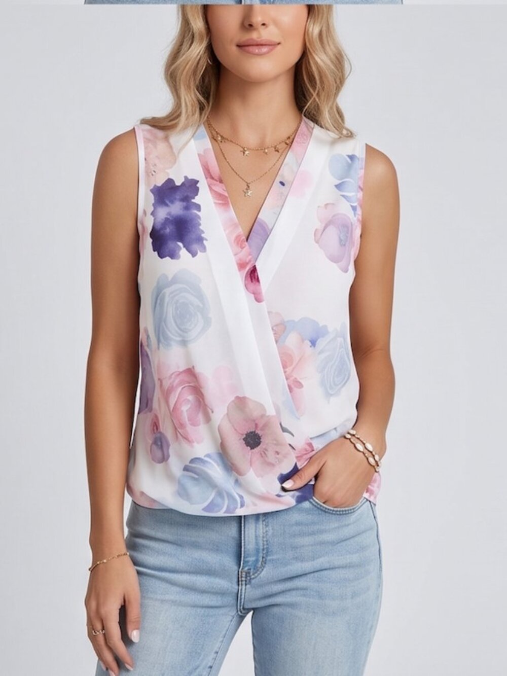 Floral Print V Neck Chiffon Blouse - Picture 2 of 11